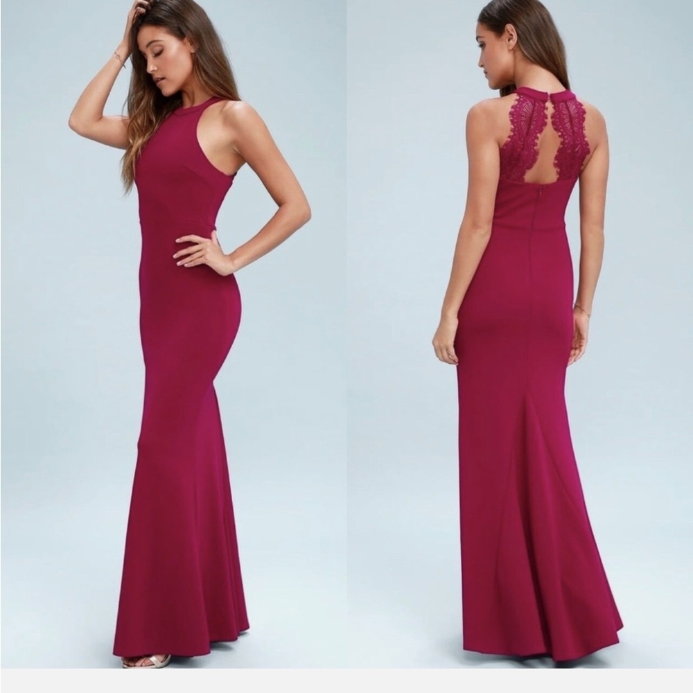 Lulu's Fitted Magenta Lace-Back Prom Dress